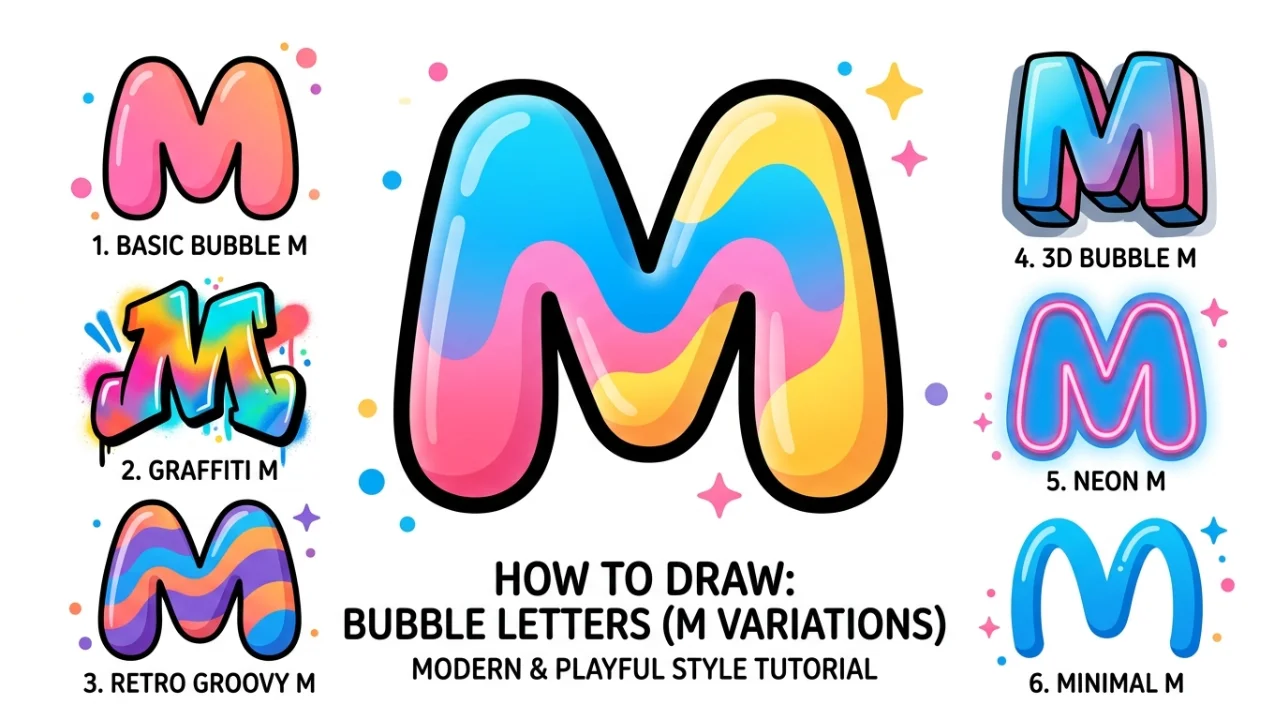 M in Bubble Letter Draw Step by Step Guide for Beginners
